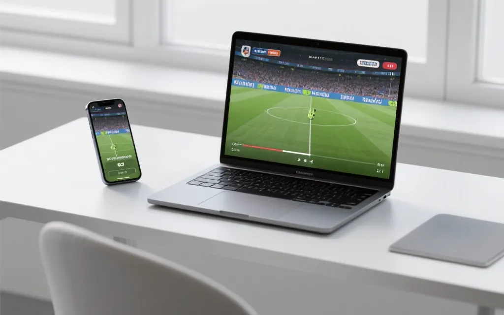 手机与笔记本电脑同时观看足球直播的对比场景，强调延迟与画质选择